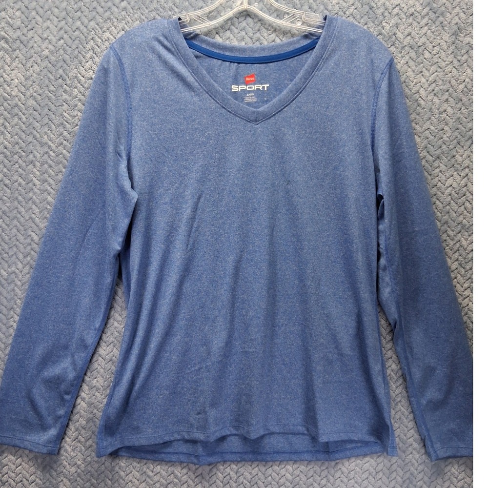 Hanes Sport Womens‎ Blue Heathered V-Neck Long Sleeve Performance Top Size L